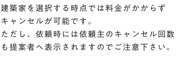 建築家を選択する時点では料金がかからずキャンセルが可能です。ただし、依頼時には依頼主のキャンセル回数も提案者へ表示されますのでご注意下さい。